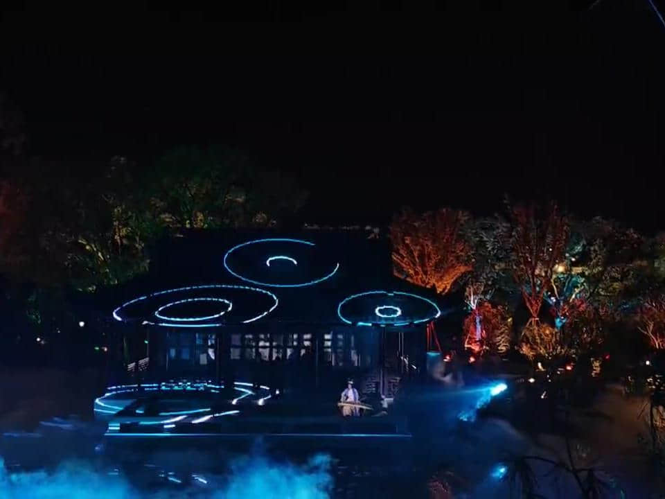 Nanbei Lake scenic area laser lighting project featuring illuminated architecture and blue landscape light effects in Jiaxing China Nanbei Lake scenic area laser lighting project featuring illuminated architecture and blue landscape light effects in Jiaxing China
