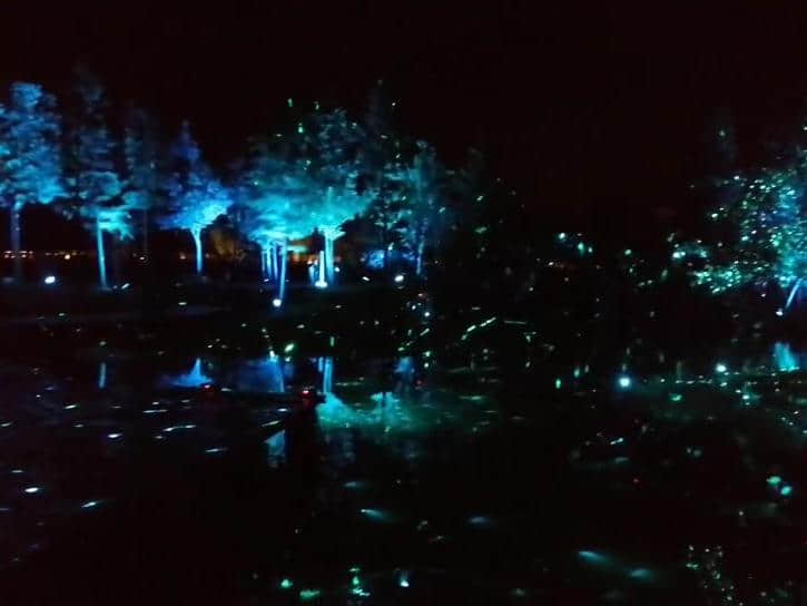 Nanbei Lake scenic area laser lighting project featuring illuminated architecture and blue landscape light effects in Jiaxing China Nanbei Lake scenic area laser lighting project featuring illuminated architecture and blue landscape light effects in Jiaxing China