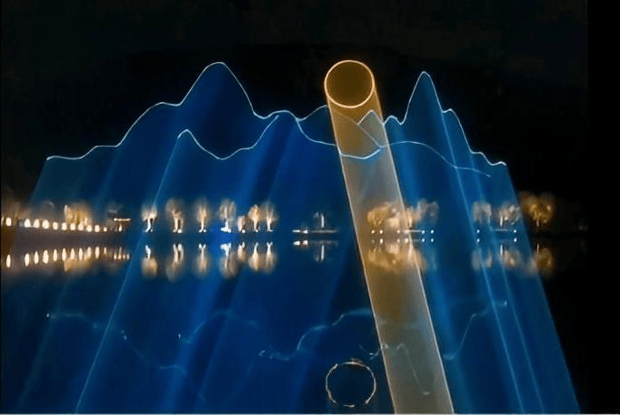 Nanbei Lake scenic area laser lighting project featuring illuminated architecture and blue landscape light effects in Jiaxing China Nanbei Lake scenic area laser lighting project featuring illuminated architecture and blue landscape light effects in Jiaxing China