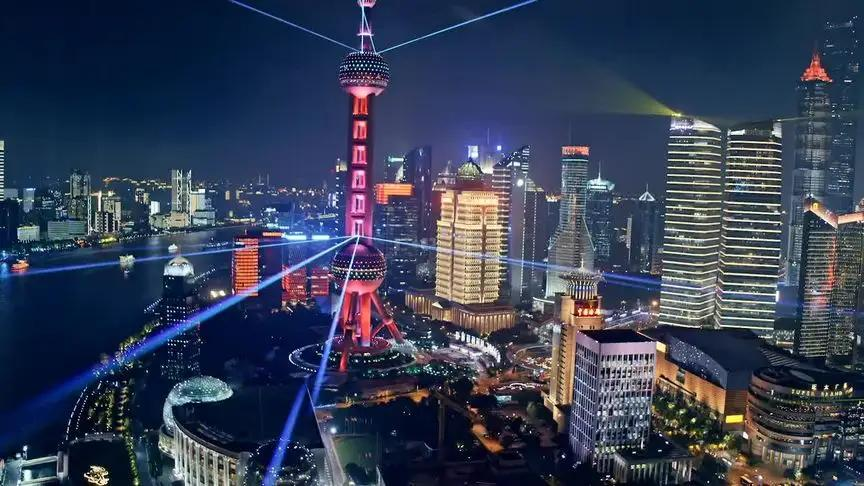 Shanghai Oriental Pearl Tower landmark light show at night