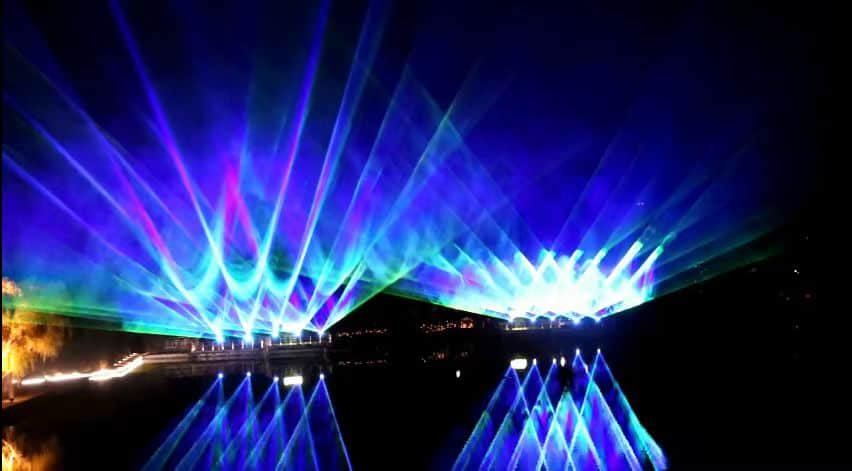 Xi'an Gaoke Hotel laser show featuring ten 60W RGB laser systems and waterfront lighting effects Xi'an Gaoke Hotel laser show featuring ten 60W RGB laser systems and waterfront lighting effects