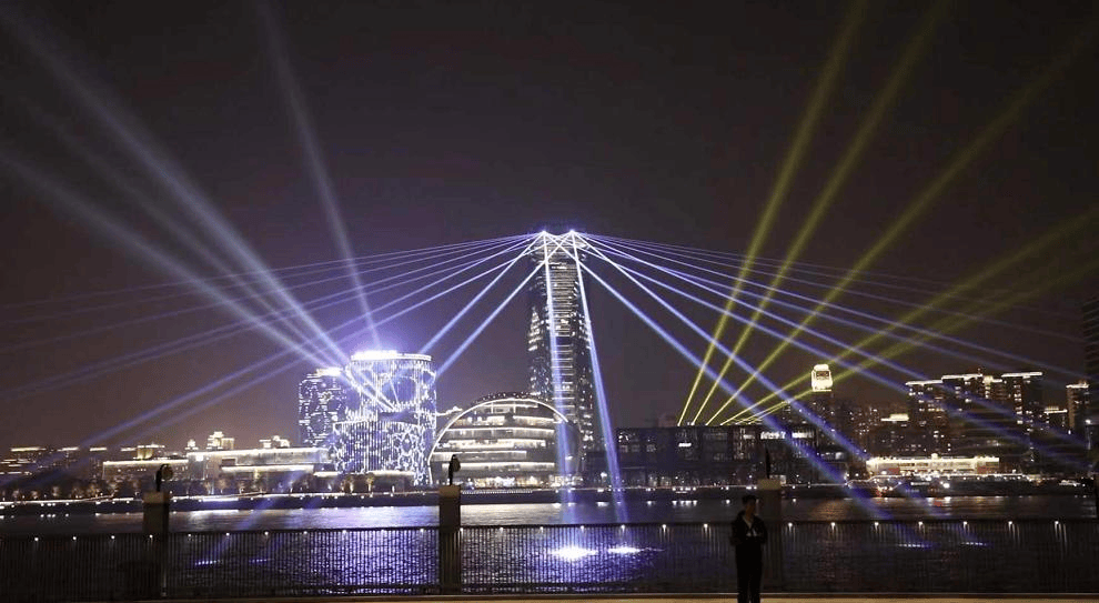 Yingjing urban laser show in Sichuan featuring two 60W RGB laser systems and colorful outdoor lighting effects