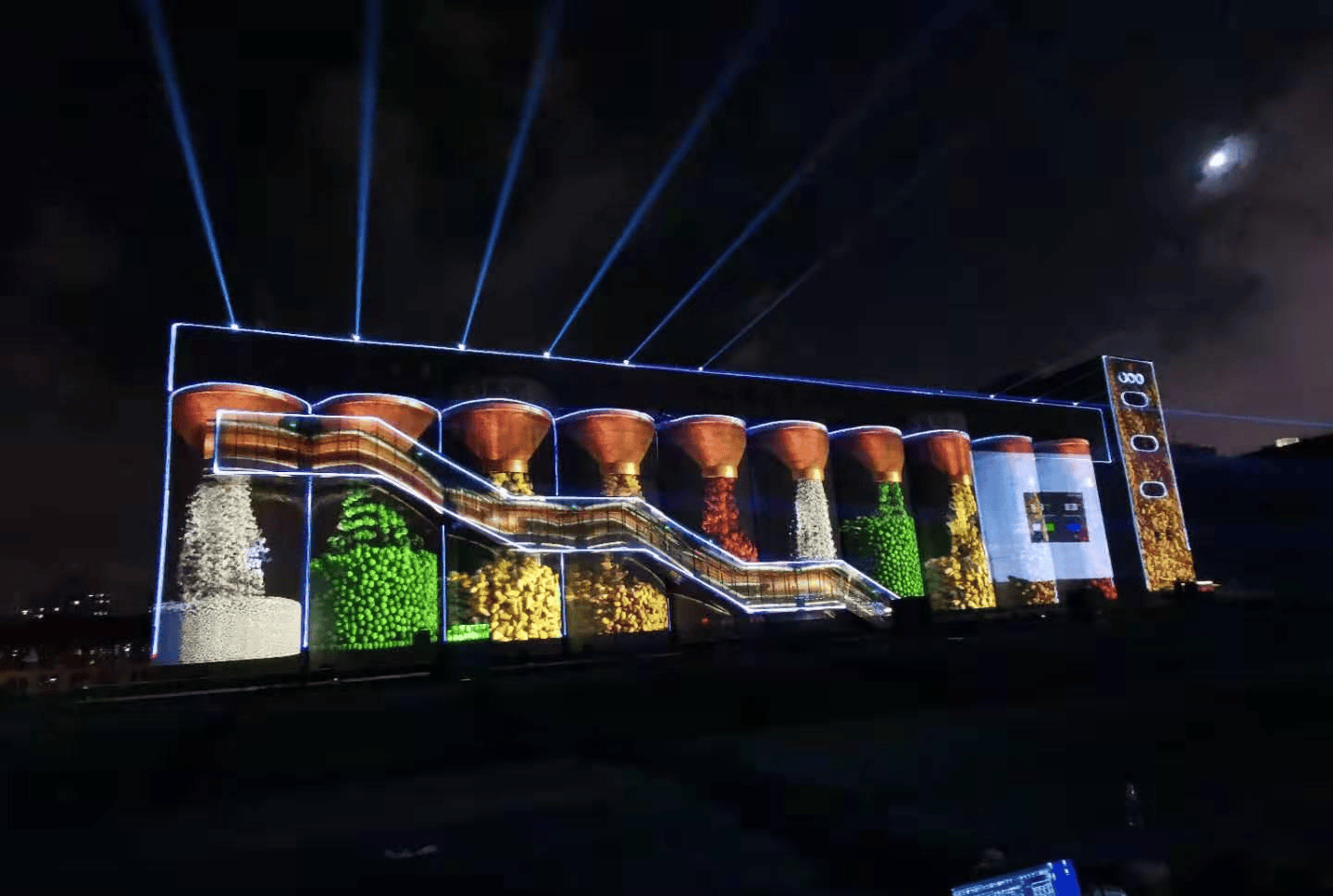 Shanghai industrial silo lighting project featuring five 60W RGB laser show systems Shanghai industrial silo lighting project featuring five 60W RGB laser show systems