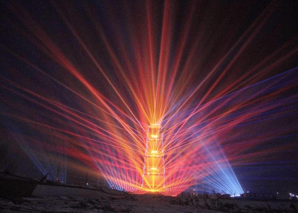 Xi'an Lanyue Pavilion architectural landmark laser show at night